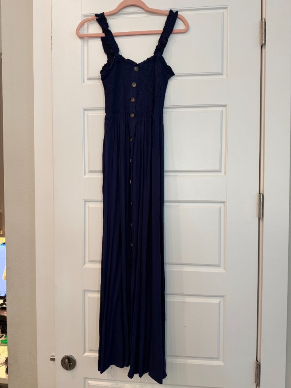 Navy Blue Smocked Button Front Ruffle Strap Maxi Dress